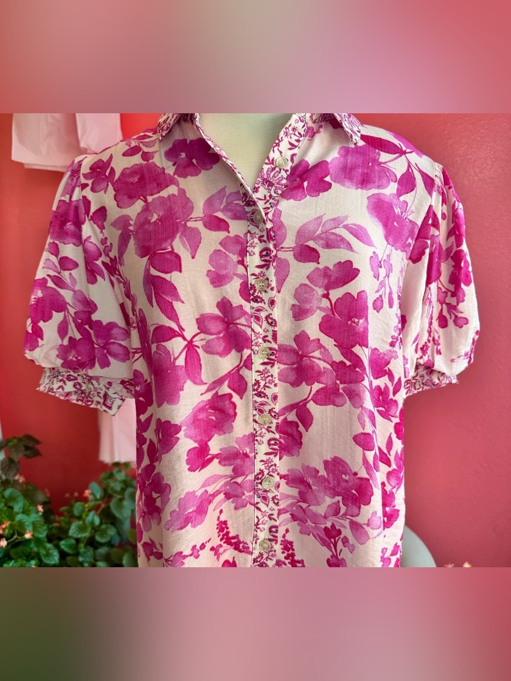 JODIFL Pink Floral Garden Breeze Button-Down Shirt with Flouncy Short Sleeves S